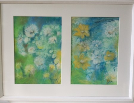Tweeluik uitgebloeide paardenbloemen,pastelkrijt, 73x53, 2023